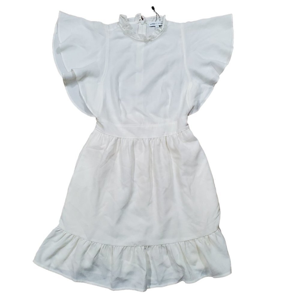 Express x LadyGang Ruffle Neck Flutter Sleeve Dress Womens 0 White Chic Feminine